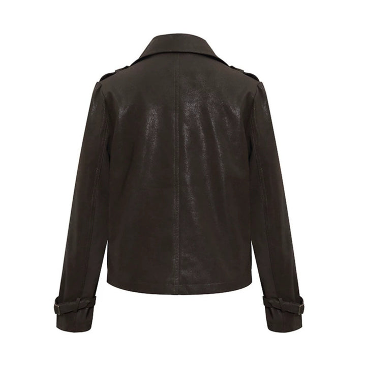 Damen Cropped Doppelreihige Lederjacke im Trenchstil mit Schulterklappen Echoarchiv
