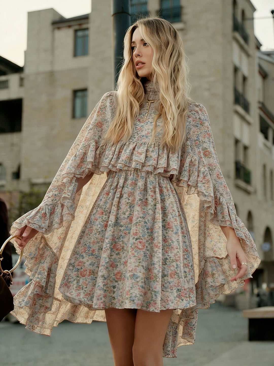 Damen romantisches Chiffonkleid mit Volants und weitem Saum Echo Archiv
