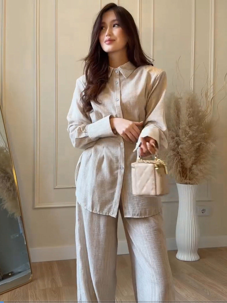 Damen Leichtes Leinen-Loungewear-Set mit Oversize-Hemd und weiter Bundhose Echoarchiv