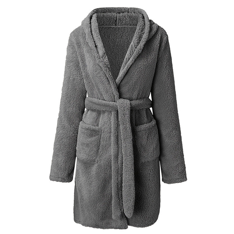 Damen Kuscheliger Fleece-Bademantel mit Kapuze und praktischen Taschen Echoarchiv
