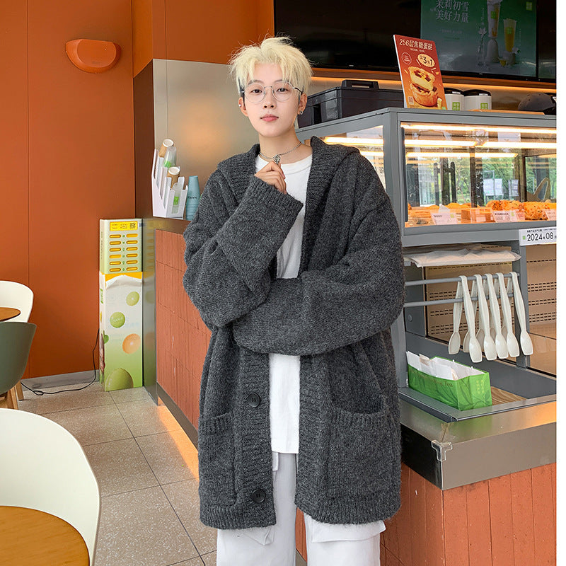 Unisex Oversized Mohair-Optik Strickcardigan mit Kapuze und großen Knöpfen – Auréline