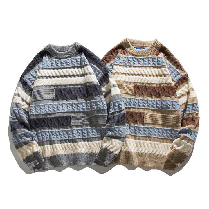 Unisex Oversize Strickpullover mit Patchwork‑Zopfmuster und Rundhalsausschnitt Echo Archiv