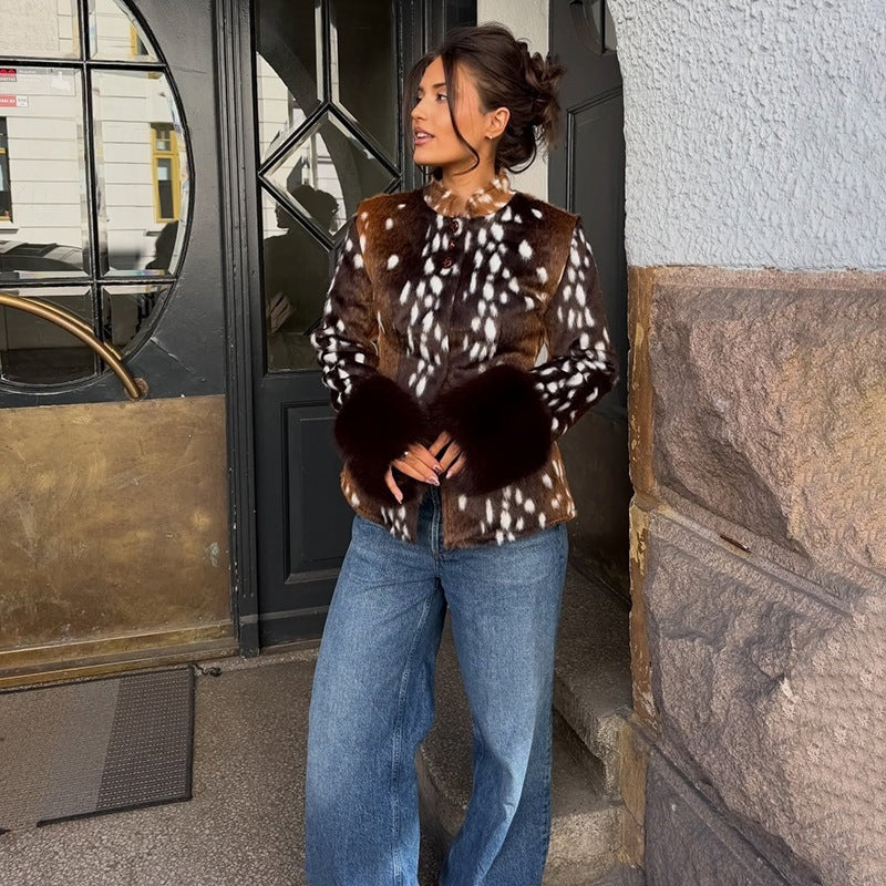 Damen Taillierte Kurzjacke mit Leopardenmuster und Kunstpelzmanschetten Echo Archiv