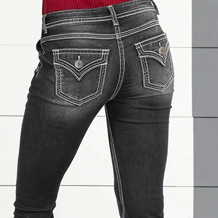 Damen hochtaillierte Sculpting-Bootcut-Jeans mit seitlichen Zierknöpfen Echo Archiv
