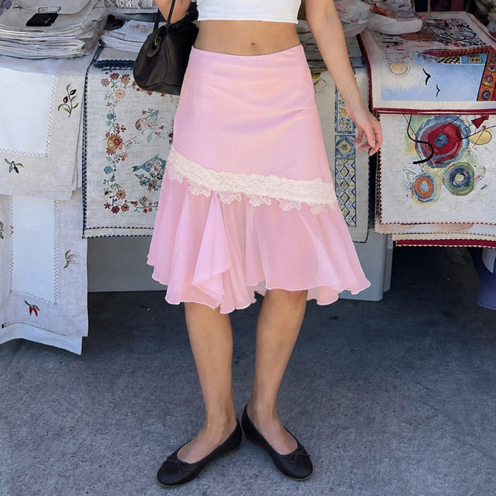 Damen Asymmetrischer Midirock mit Spitzenbesatz und Volantsaum Echo Archiv