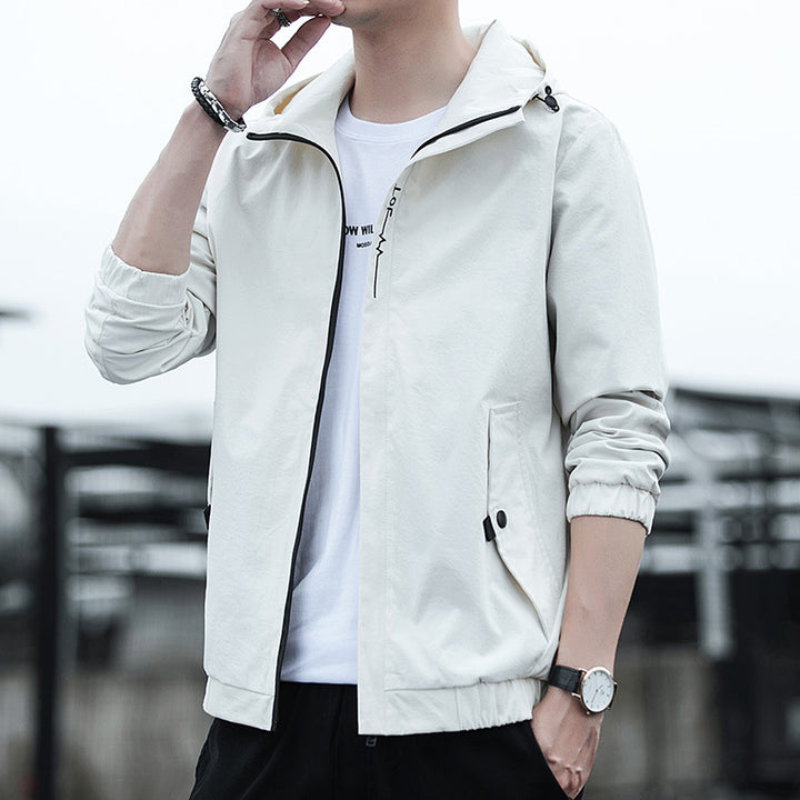 Herren Leichter Kapuzen-Windbreaker im Urban-Minimalstil mit verdecktem Reißverschluss und elastischen Bündchen Echoarchiv