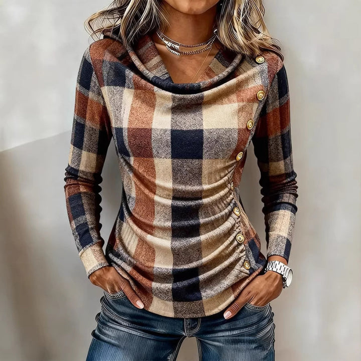 Damen Kariertes Langarm-Feinstrickshirt mit Wasserfallkragen und Zierknopfleiste Echoarchiv