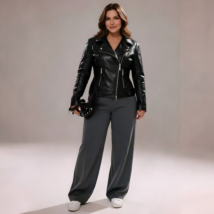 Damen Stylische und figurbetonte Bikerjacke mit Metallreißverschlüssen Echo Archiv
