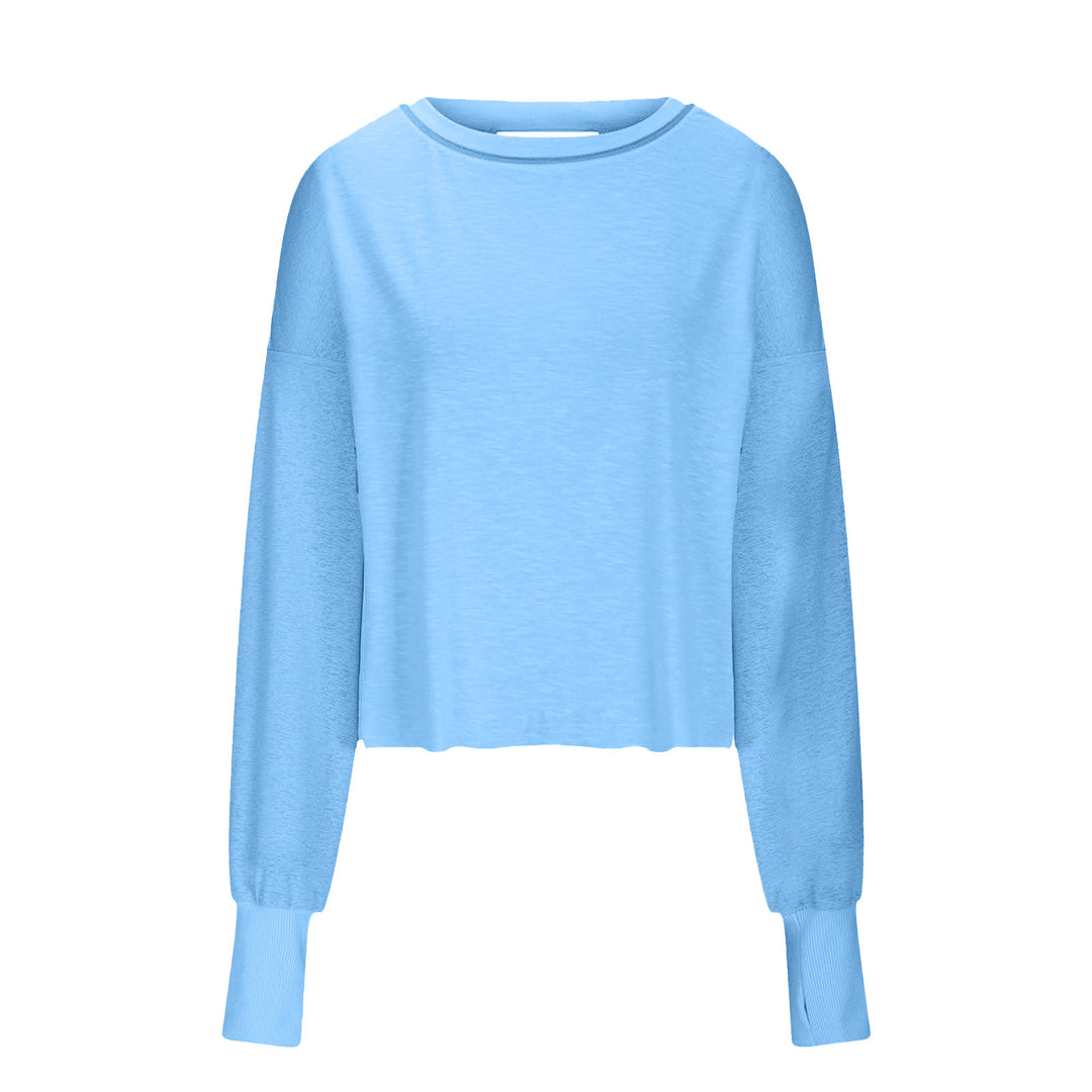 Damen Cropped-Sweatshirt mit überkreuztem Cut-Out-Rücken und rohen Saumkanten – Avérine