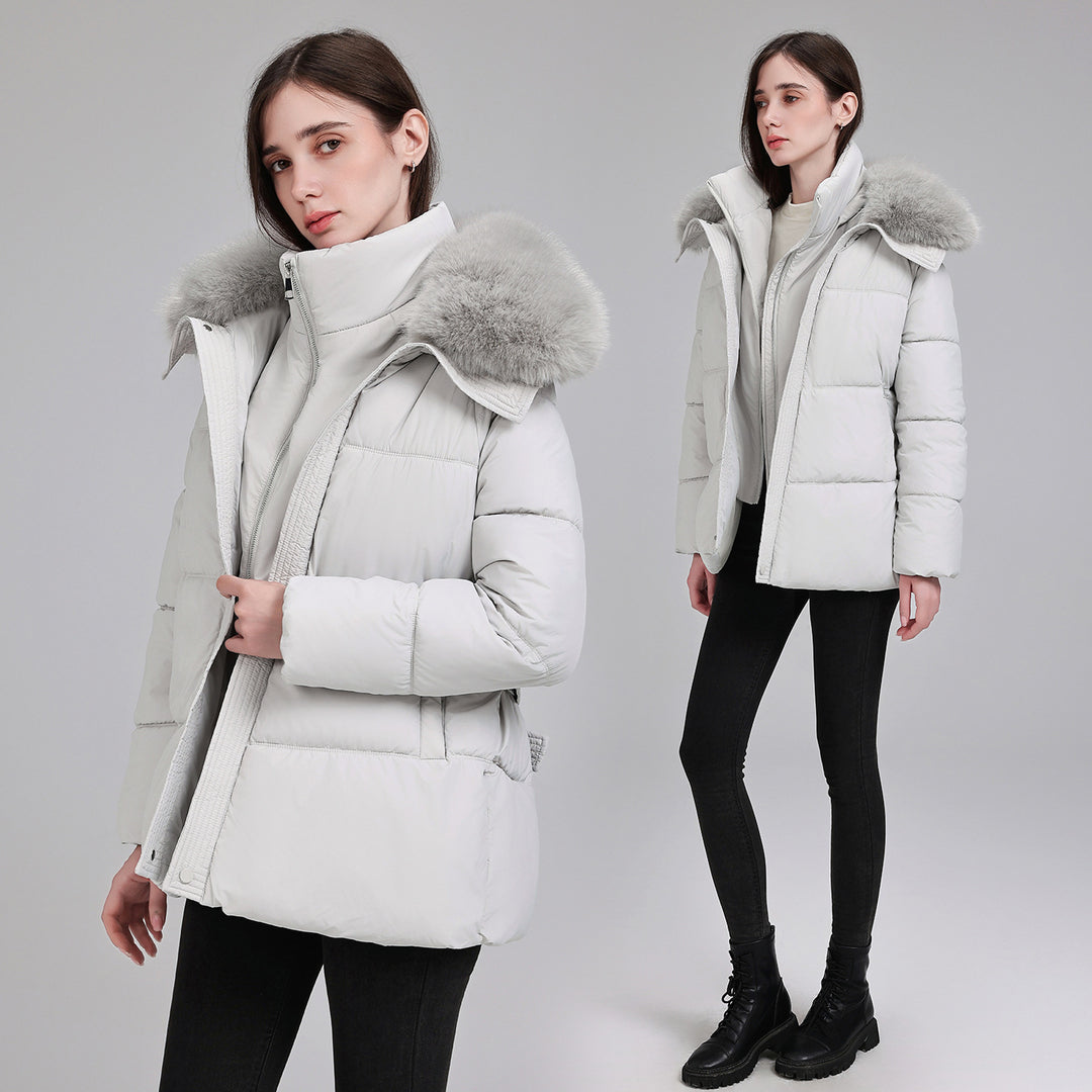 Damen Taillierter Pufferparka mit Wickelgürtel, hohem Stehkragen und voluminösem Fellkragen Echo Archiv