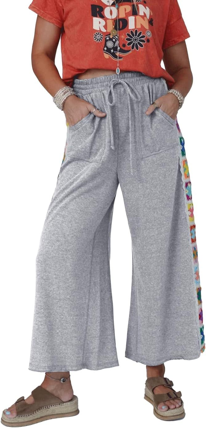 Damen weite Jersey-Hose mit hohem Gummibund, Kordelzug und gehäkeltem Seitenstreifen – Avérine