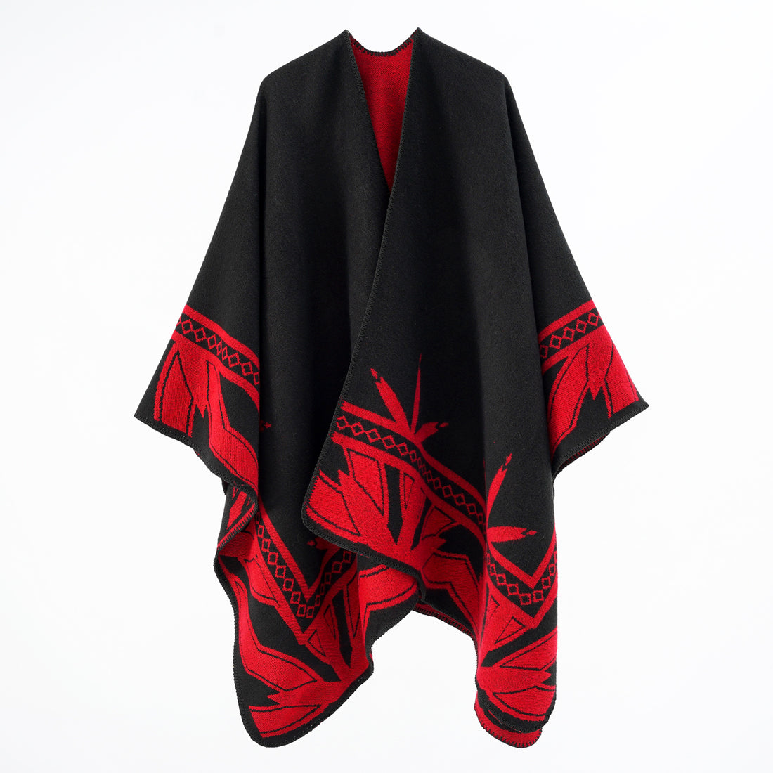 Damen Grobgewebter Umhangponcho aus Wollmix mit V-Ausschnitt und Ornamentjacquard – Veloura