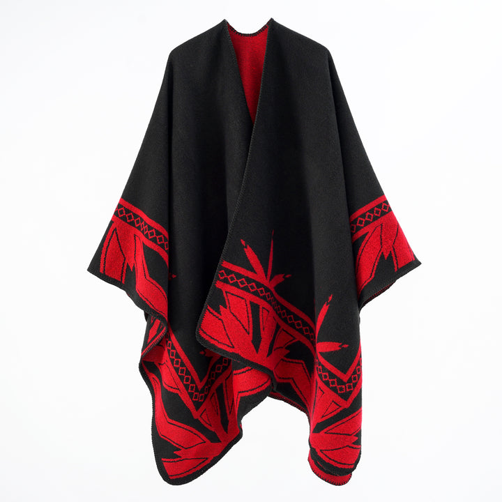 Damen Grobgewebter Umhangponcho aus Wollmix mit V-Ausschnitt und Ornamentjacquard – Veloura
