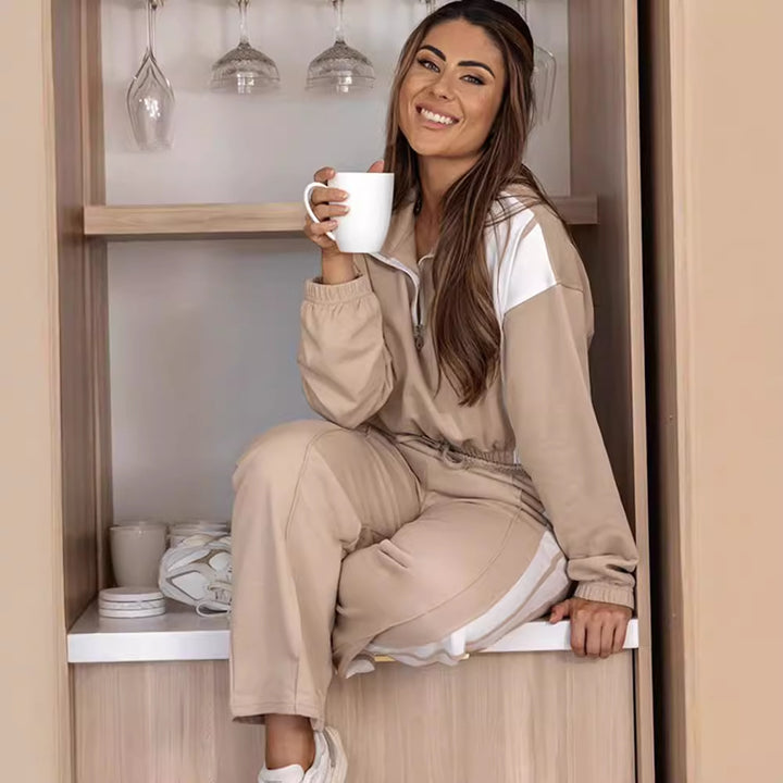 Damen legeres Sweat-Lounge-Set mit halbem Reißverschluss, Kordelzugbund und Kontraststreifen – Avérine