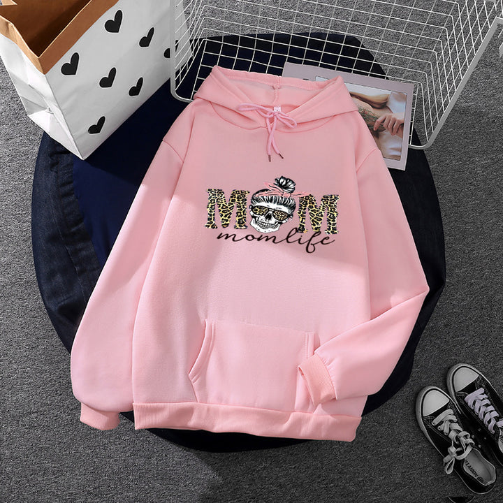 Damen Kapuzenpullover mit "Momlife" Skull-Print, Kängurutasche, weichem Fleece-Innenfutter und lockerer Oversize-Passform – Auréline