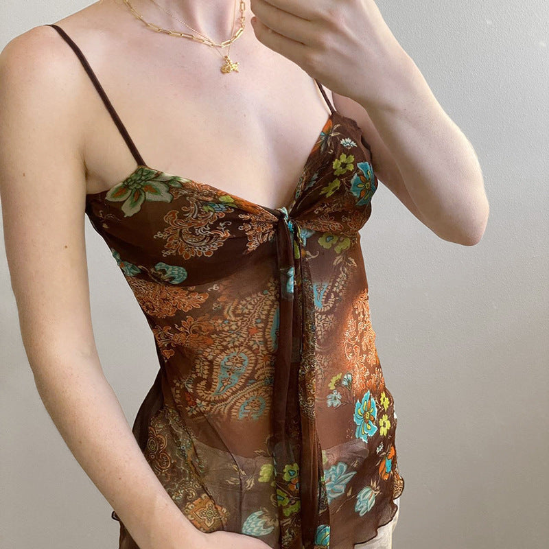 Damen Blumenmuster Spaghetti-Trägertop mit fließendem Design Echo Archiv