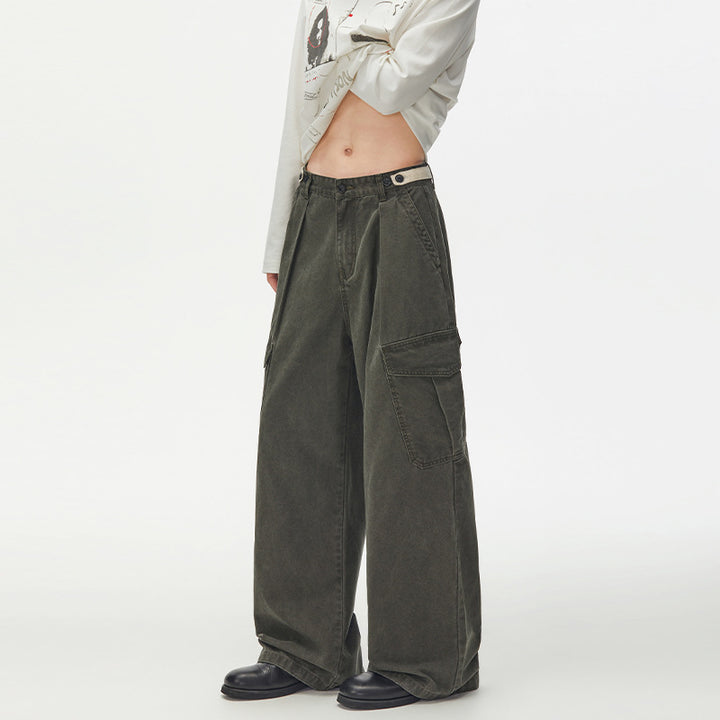 Damen Weit geschnittene Cargo-Palazzohose aus gebürstetem Baumwoll-Twill mit tiefem Schritt und aufgesetzten Klappentaschen Echo Archiv