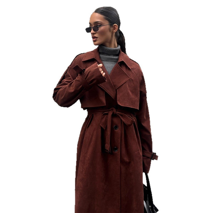 Damen langer Trenchcoat aus Veloursimitat mit doppelter Knopfleiste Echoarchiv