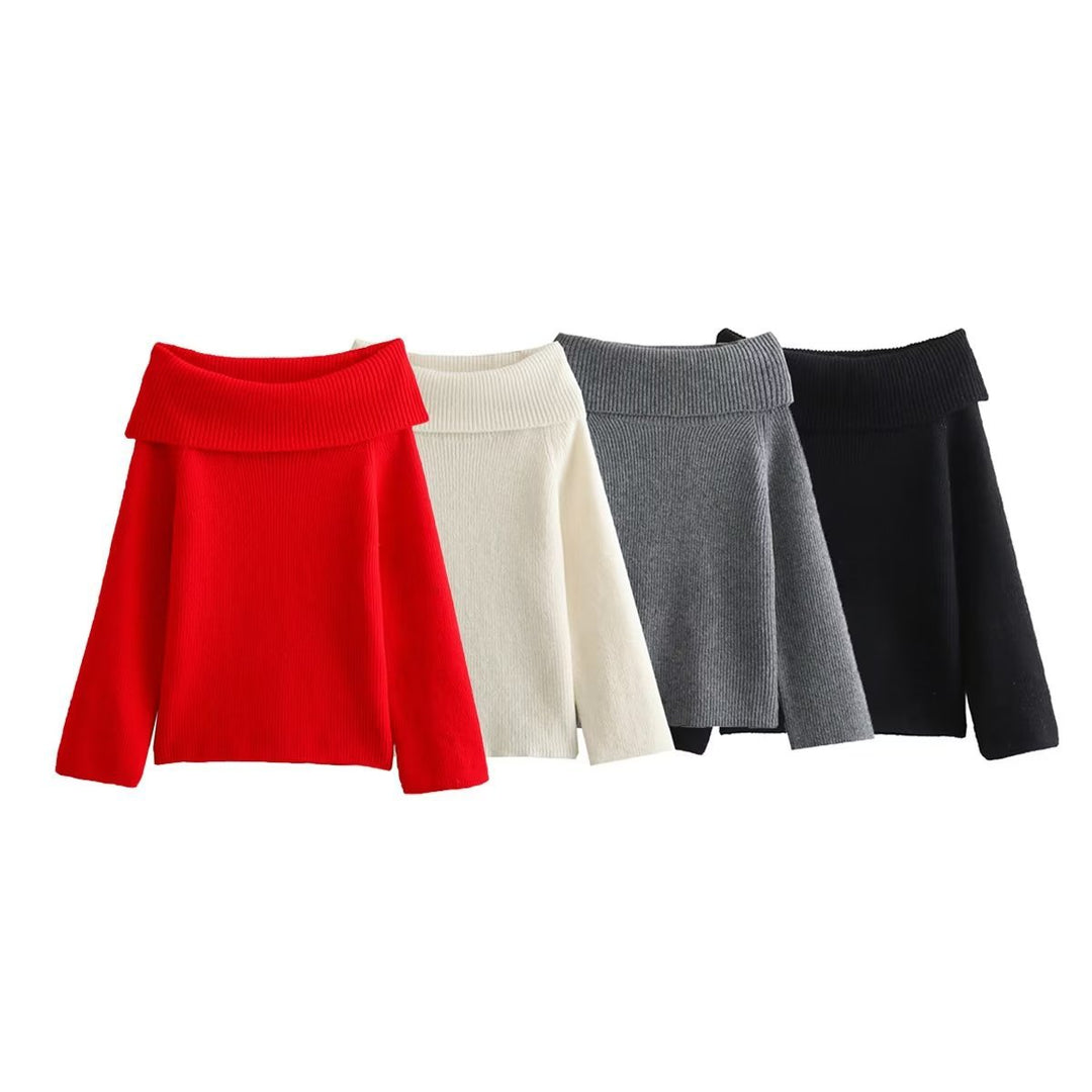 Damen Oversized Off-Shoulder Rippstrick-Pullover mit großem Wendkragen Echo Archiv