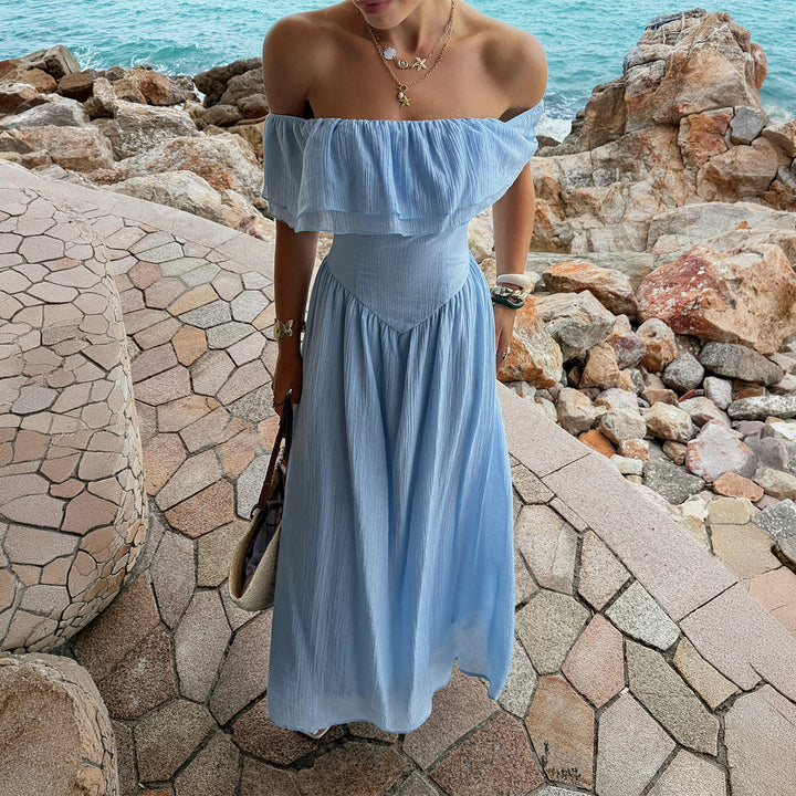 Damen Off-Shoulder Maxikleid mit fließendem Schnitt und Rüschendetails Echo Archiv