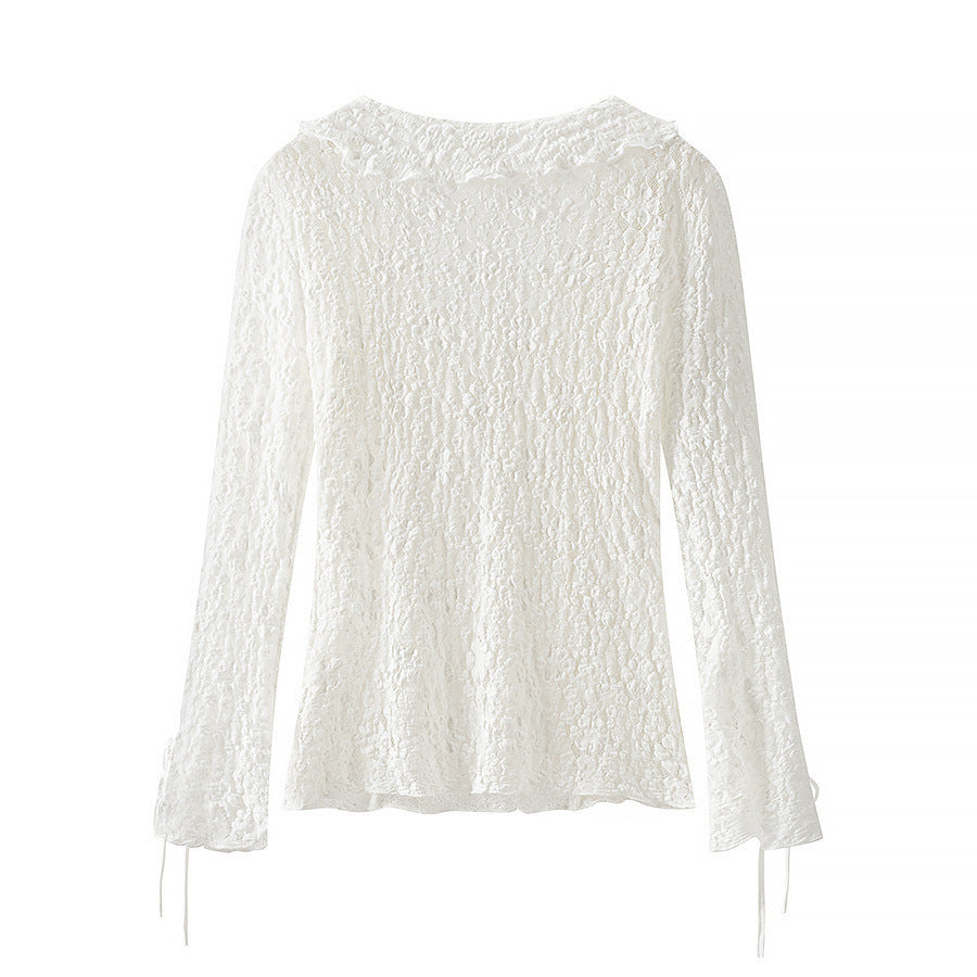 Damen Figurbetonte Spitzenbluse mit Rüschen‑V‑Ausschnitt und Bindebanddetail Echo Archiv
