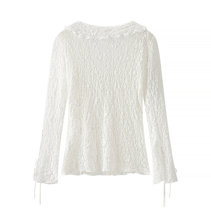 Damen Figurbetonte Spitzenbluse mit Rüschen‑V‑Ausschnitt und Bindebanddetail Echo Archiv