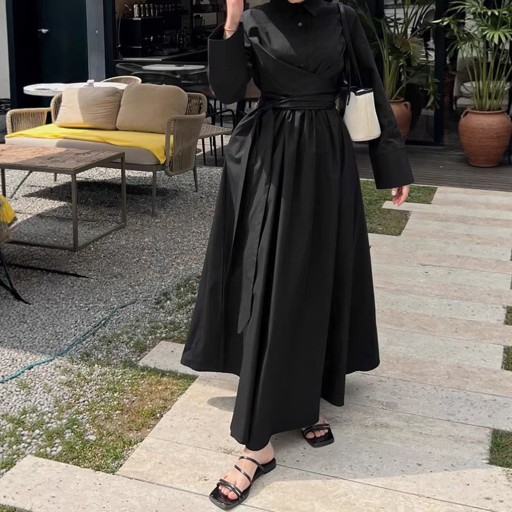 Damen Maxikleid im Hemdblusenstil mit Taillenwickel, weitem Tellerrock und breiten Manschetten – Valéora