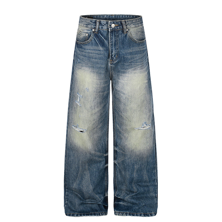 Damen Hochgeschnittene Jeans mit weitem Bein, Used‑Waschung und Destroyed‑Details Echoarchiv