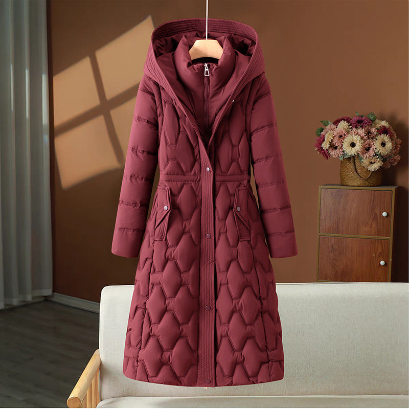 Damen nan langer gesteppter Mantel mit Wabenquilt, Kapuze und taillierter A-Linie Echo Archiv