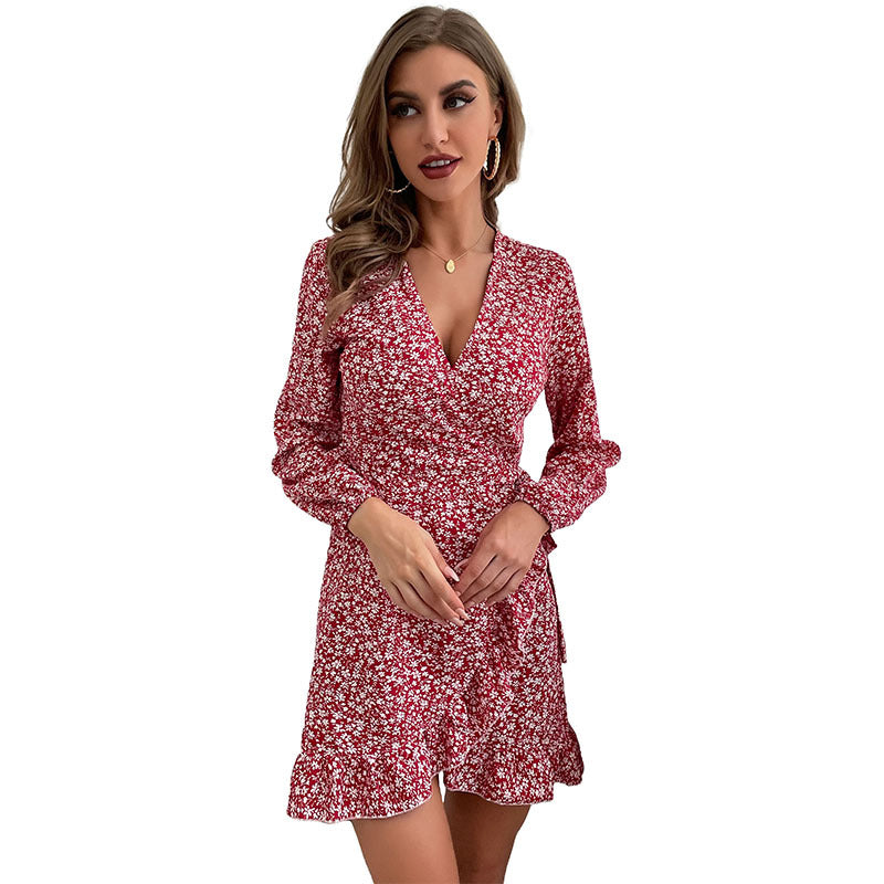 Damen Tailliertes Wickel-Minikleid mit V-Ausschnitt, langen Ärmeln und Rüschensaum Echoarchiv