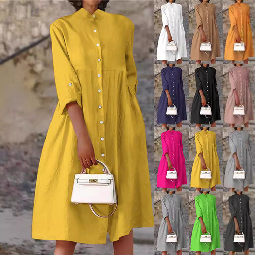 Damen Oversize Midi Kleid im Leinen-Look mit Stehkragen, Knopfleiste und Seiten Taschen – Élara