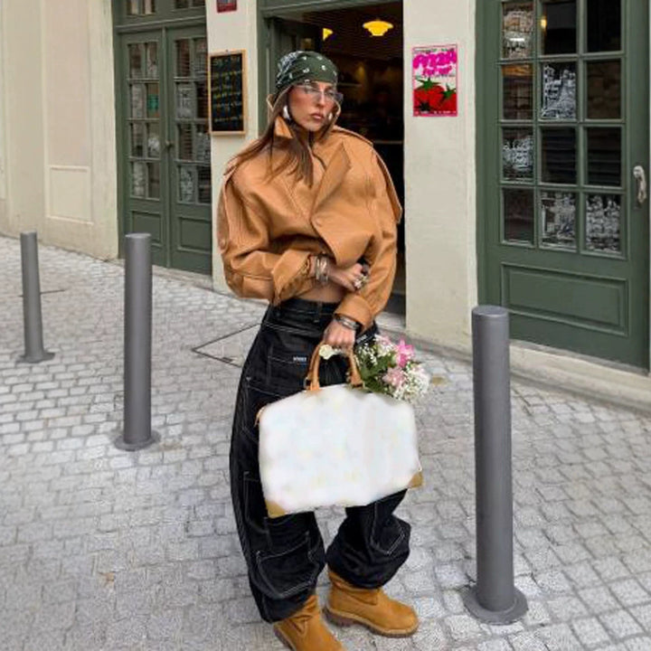 Damen Cropped Oversize-Jacke aus strukturiertem Kunstleder mit hohem Stehkragen Echoarchiv