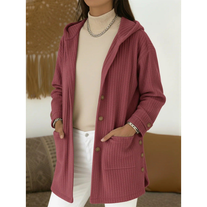 Damen Langer Kapuzen-Strickcardigan mit Rippenstruktur, Knopfleiste und Seitentaschen Echo Archiv