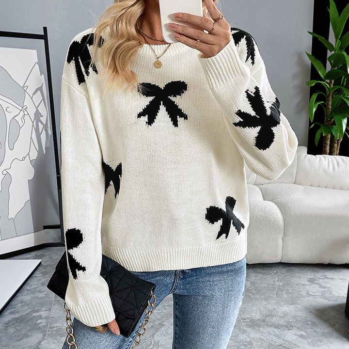 Damen Feinstrick-Pullover mit Schleifen-Jacquard, Rundhalsausschnitt und gerippten Bündchen – Mavelle