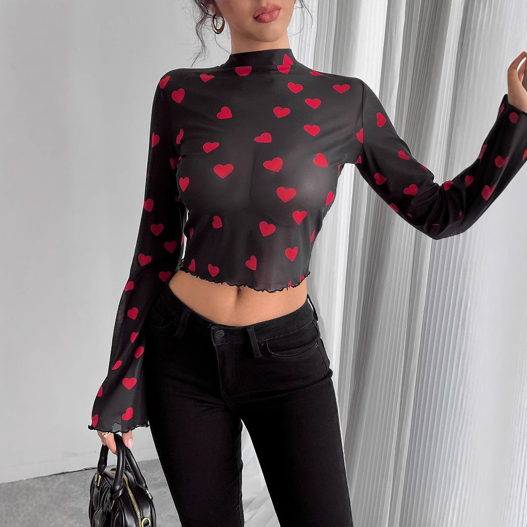 Damen nan transparentes Paisley-Netz-Kurzoberteil mit Stehkragen, Trompetenärmeln und gewelltem Saum Echo Archiv