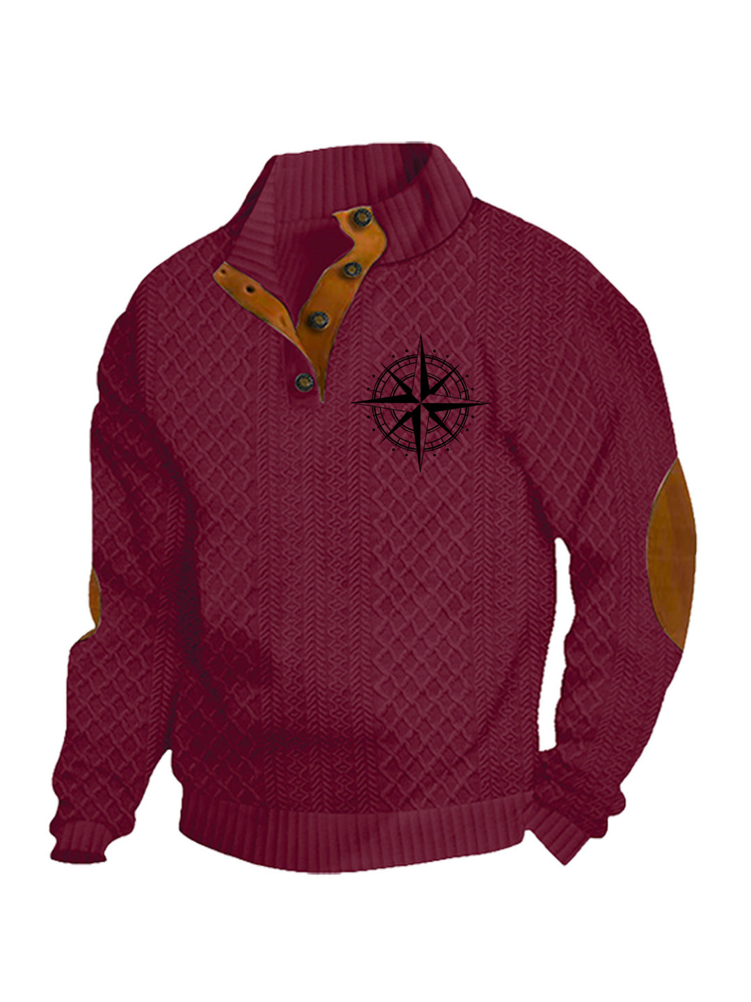 Herren nan Heritage-Strukturpullover mit Stehkragen Lederimitat-Besatz Ellenbogen-Patches und Halbknopfleiste Echo Archiv