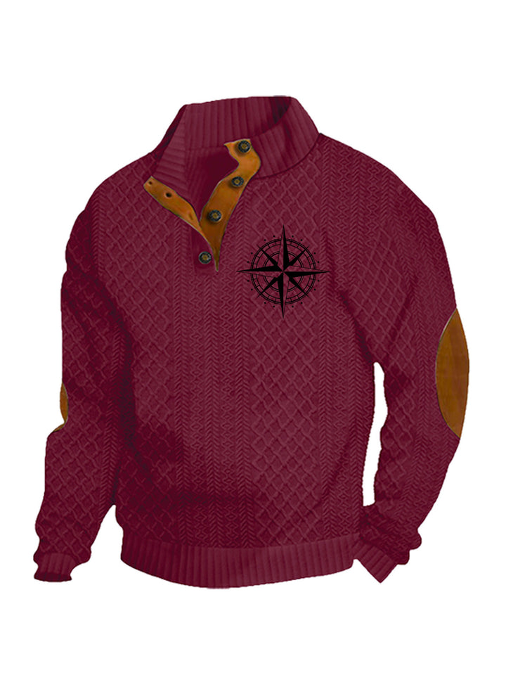 Herren nan Heritage-Strukturpullover mit Stehkragen Lederimitat-Besatz Ellenbogen-Patches und Halbknopfleiste Echo Archiv