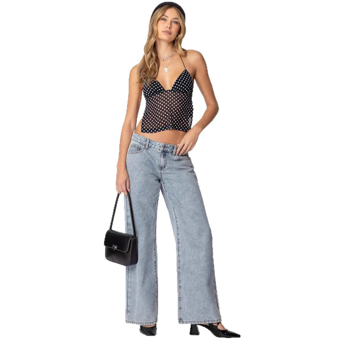 Damen Transparente Bluse mit Punktmuster und dehnten Trägern Echo Archiv