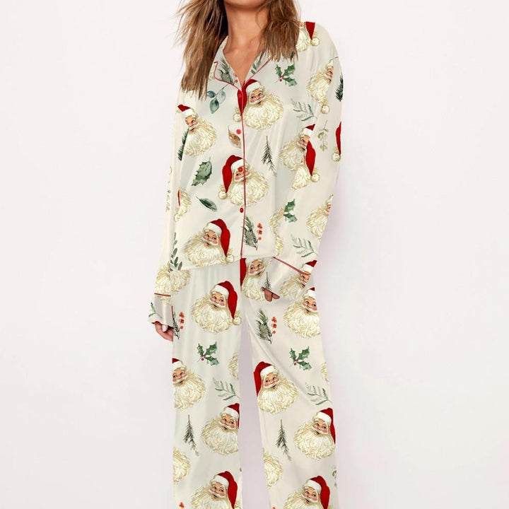 Damen Pyjama-Set mit festlichem Santa-Motiv und weichem Satin Echo Archiv