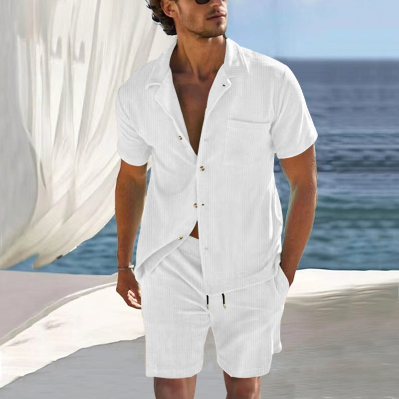 Herren leichtes Leinen-Resort-Set mit kurzärmeligem Kubankragenhemd und Kordel-Bermuda – Averon