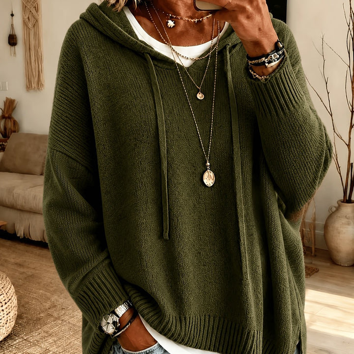 Damen Oversize Kapuzenpullover aus weichem Feinstrick mit Zier‑V‑Ausschnitt – Auréline