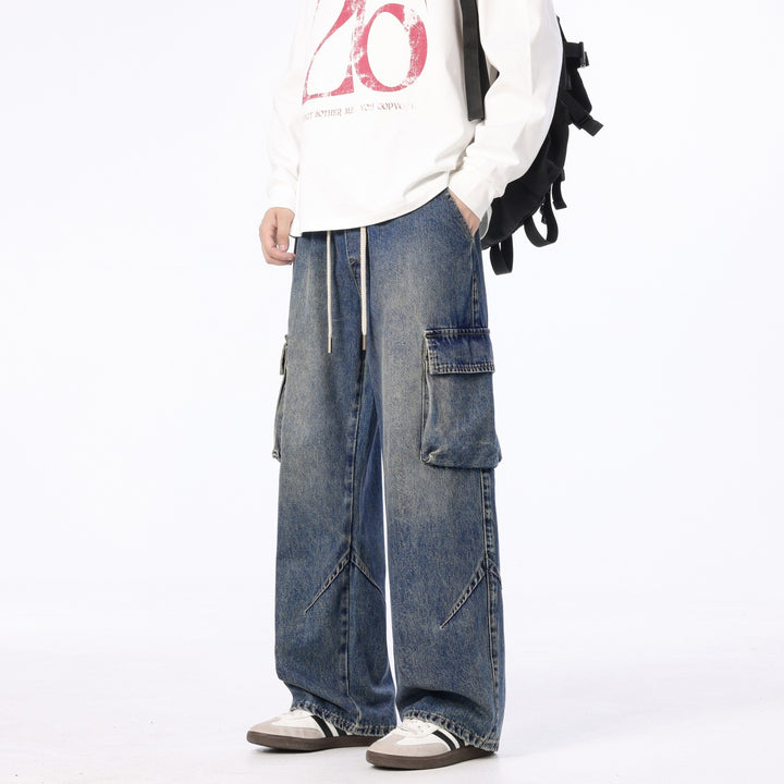 Herren Weite Cargo-Denimhose mit Tunnelzug, Used‑Waschung und Oversize‑Passform Echo Archiv