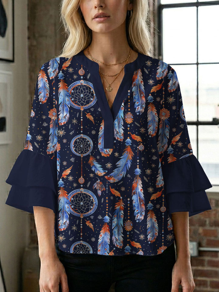 Damen Blusenshirt mit voluminösen Ärmeln und kreativem Druckdesign Echo Archiv