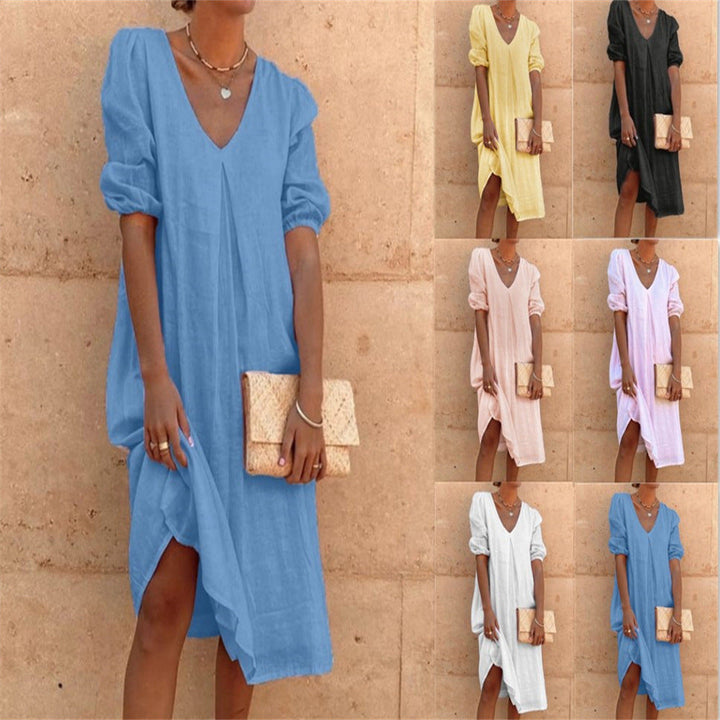 Damen lässiges Leinenkleid mit V-Ausschnitt und Puffärmeln – Lunéa
