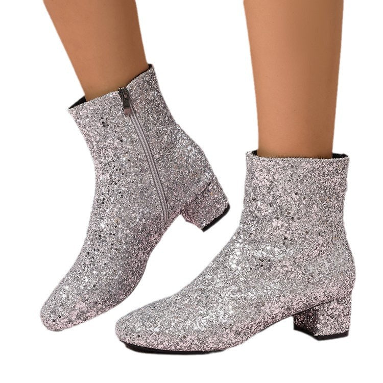 Damen glitzernde Stiefeletten mit kurzem Blockabsatz und seitlichem Reißverschluss Echo Archiv