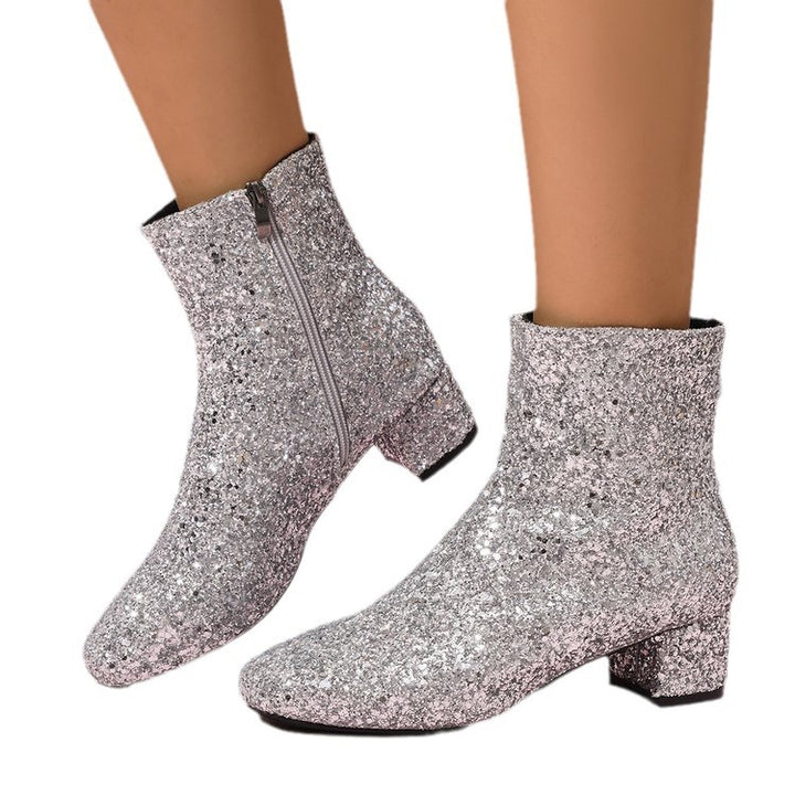 Damen glitzernde Stiefeletten mit kurzem Blockabsatz und seitlichem Reißverschluss Echo Archiv