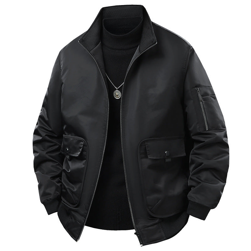 Men's short-collar technical bomber jacket with zipped sleeve utility pocket and snap cargo flap pockets – Brevano