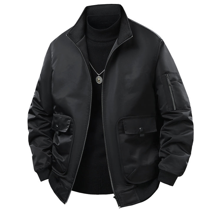 Men's short-collar technical bomber jacket with zipped sleeve utility pocket and snap cargo flap pockets – Brevano