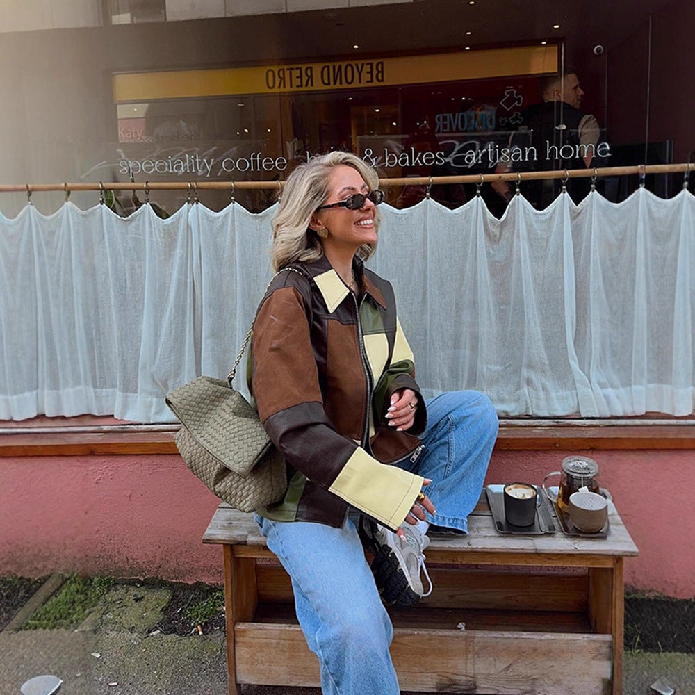 Damen Patchwork-Lederjacke mit Reißverschluss und Oversize-Boxy-Schnitt Echoarchiv