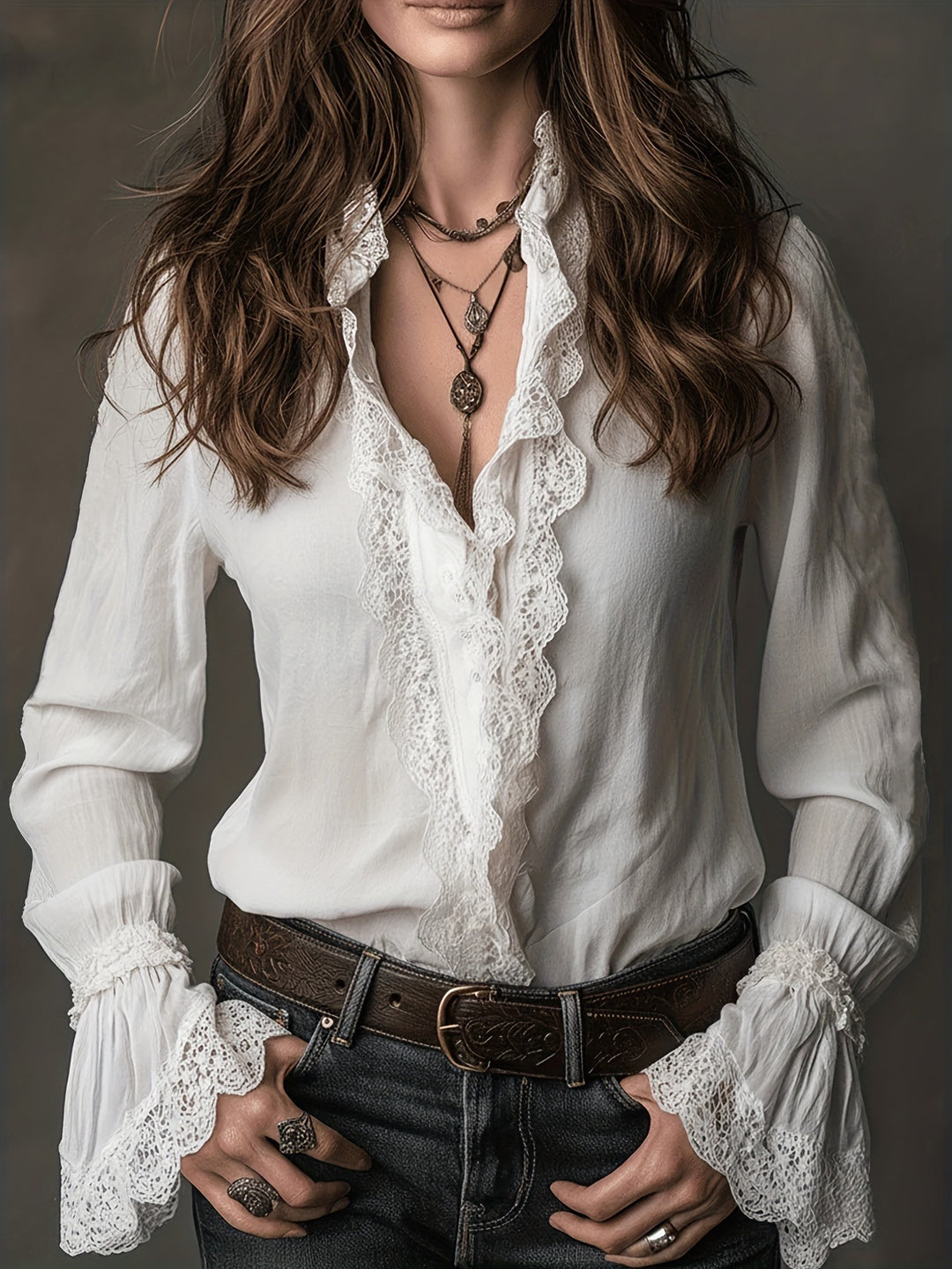 Damen elegante Bluse mit Rüschendetails und Spitzenbesatz Echo Archiv